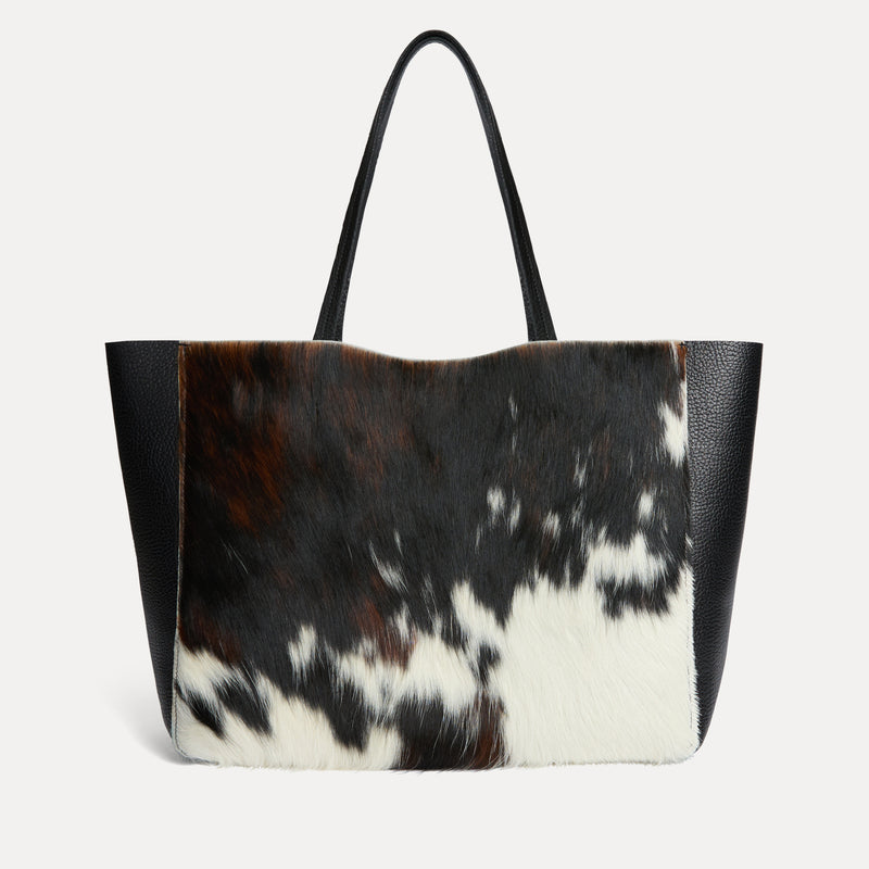 Savanna Tote in natural cowhide calf hair Italian leather with matching pouch, handcrafted in Los Angeles