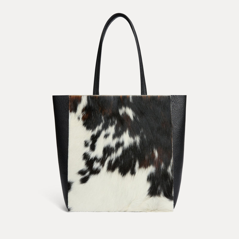 Natural black and white cowhide calf hair Italian leather Mara shopper with matching pouch