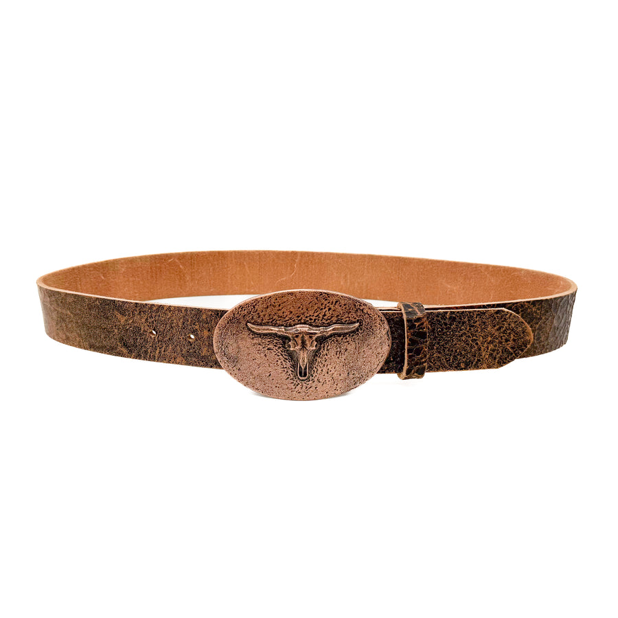 Anika Belt - Two Toned Crackle Leather Copper Bullhead Buckle - Streets Ahead