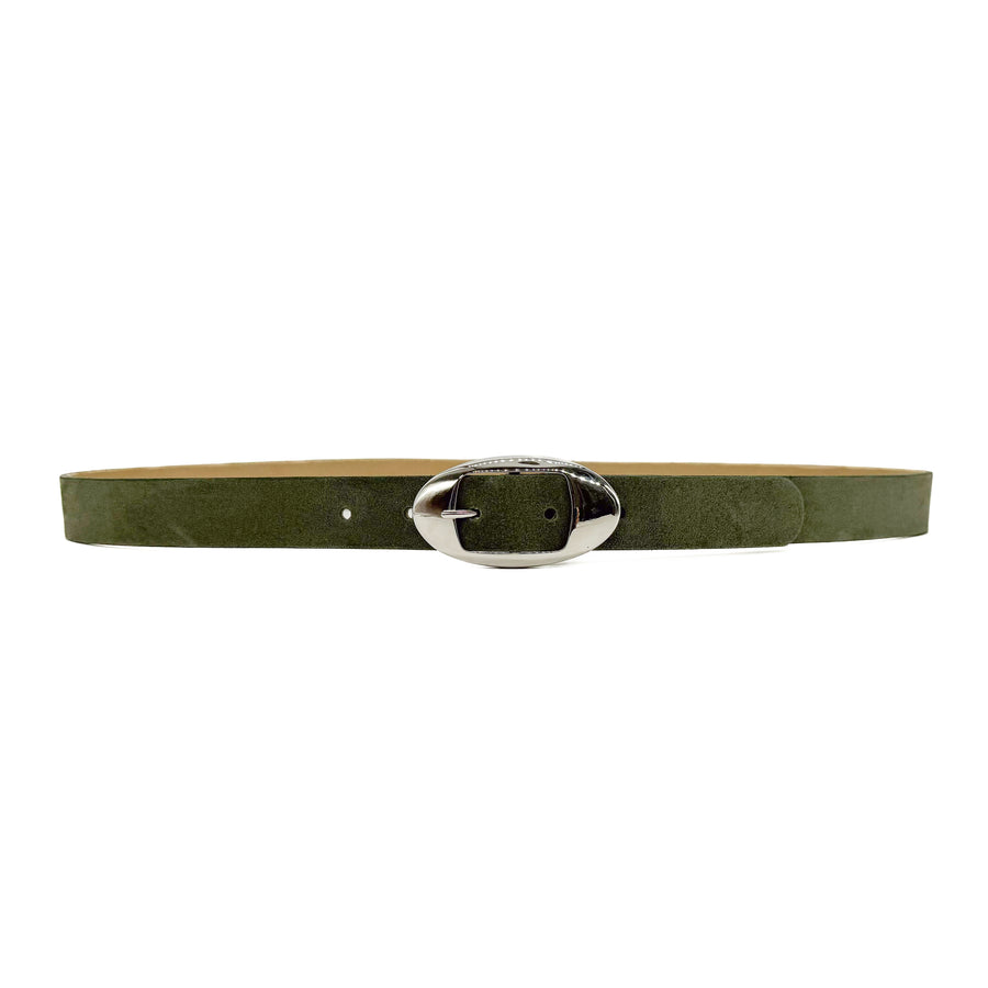 Dawn Belt - Olive Suede Leather Silver Oval Buckle - Streets Ahead