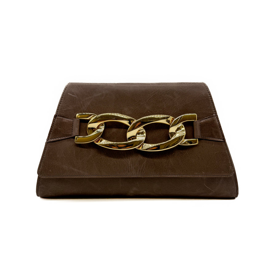Brenna Clutch - Distressed Italian Brown Leather With Chain Detail Handbag - Streets Ahead
