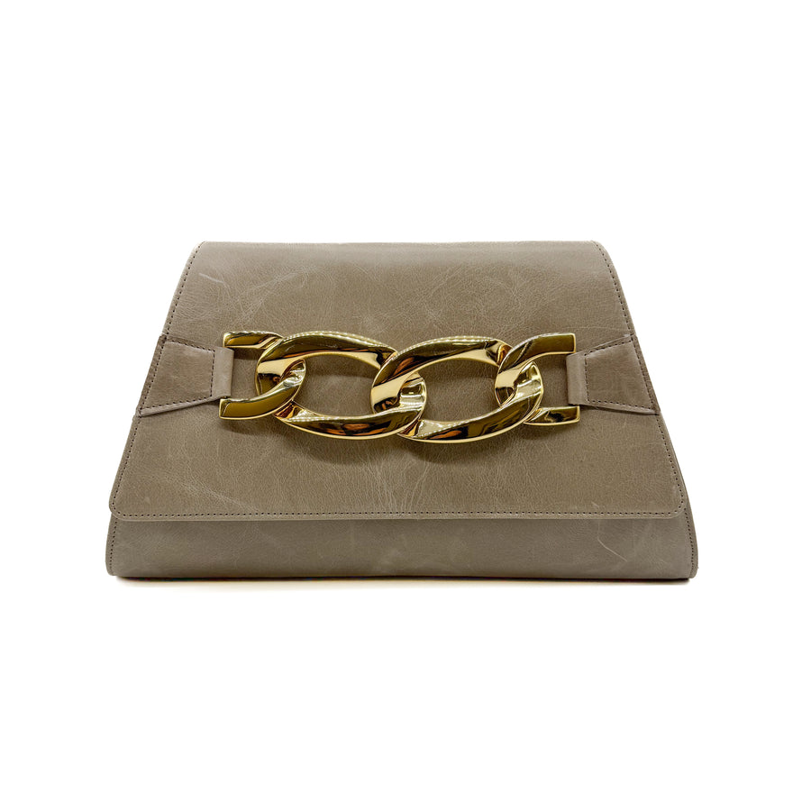 Brenna Clutch - Taupe Leather Handbag With Gold Chain Hardware - Streets Ahead