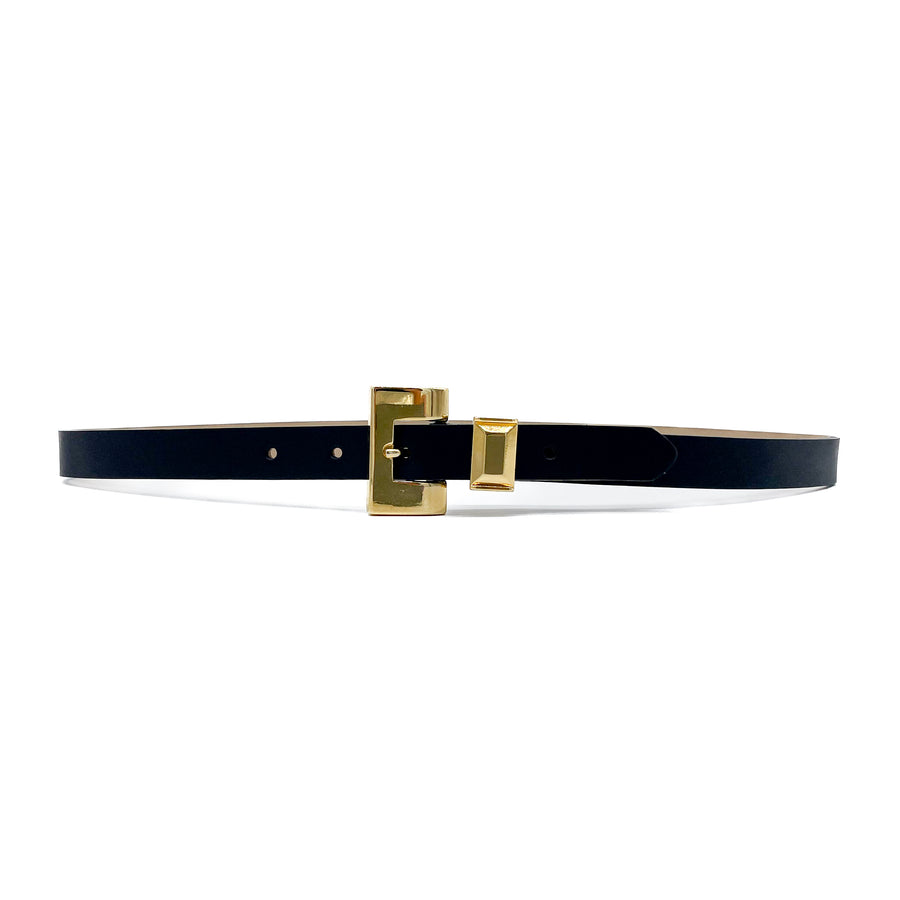 Rory - Narrow Black Leather Belt Gold Buckle - Streets Ahead