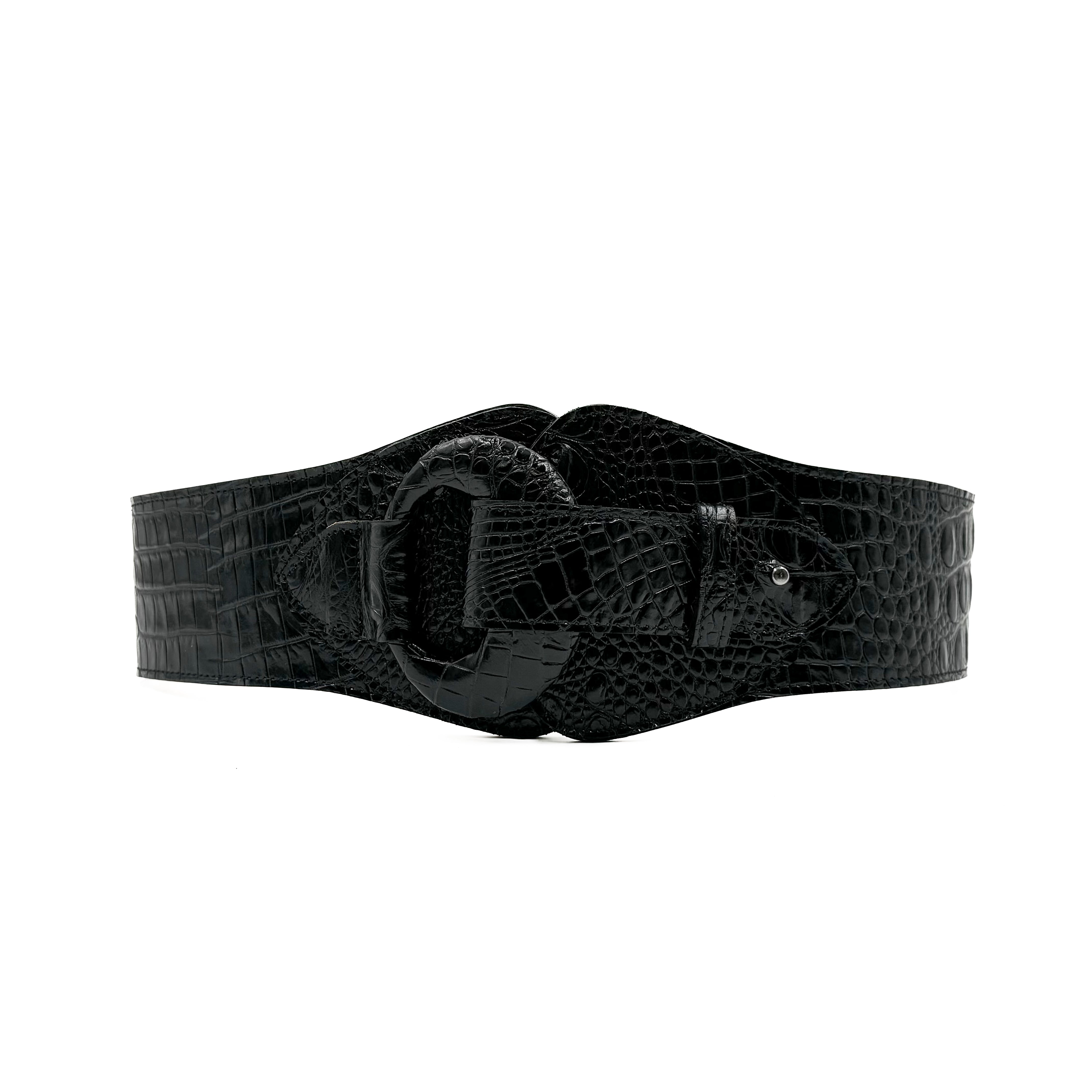 Streets Ahead Black Croc-Embossed Leather Belt with Silver Buckle Sz L Jet Belt - Chic Italian Croc Embossed Black Leather Belt  main image 3