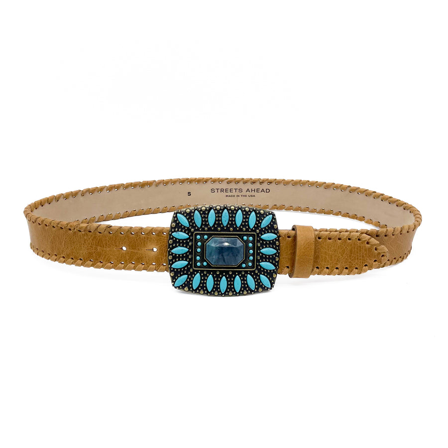 Farah Belt - Tan Distressed Leather With Turquoise Buckle - Streets Ahead