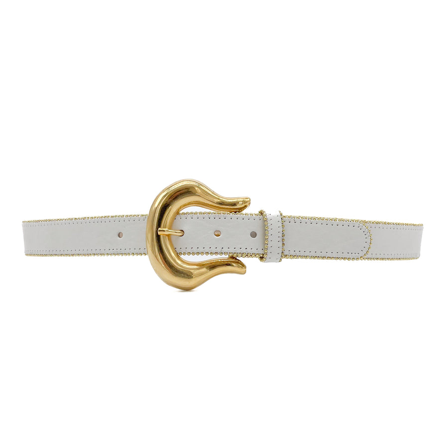 Tallulah Belt - Gold Buckle White Italian Leather Gold Ball and Chain Trim - Streets Ahead