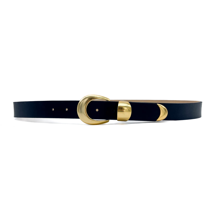 Kaya Belt - Black Leather Belt Three-Piece Gold Buckle Set - Streets Ahead