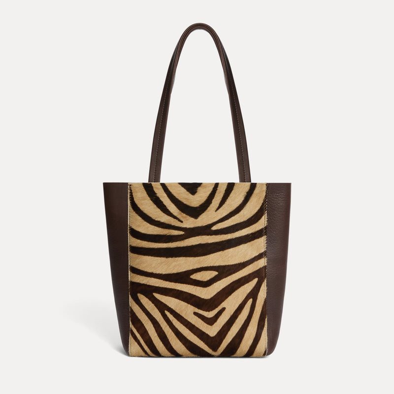Mini Mara Shopper in brown zebra calf hair Italian leather with matching pouch, handcrafted in Los Angeles