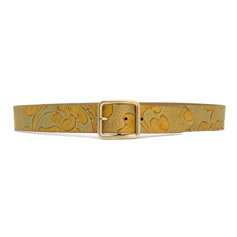 Elli Belt - Mustard Yellow Embossed Leather Gold Buckle - Streets Ahead
