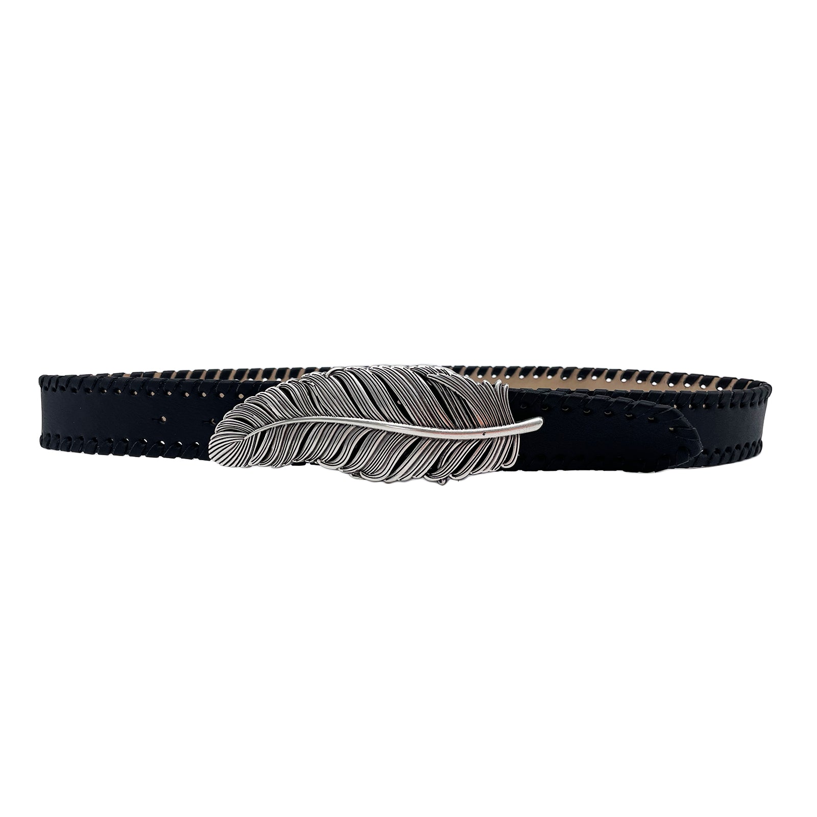 Feather Belt - Black Leather Western-Inspired Belt With