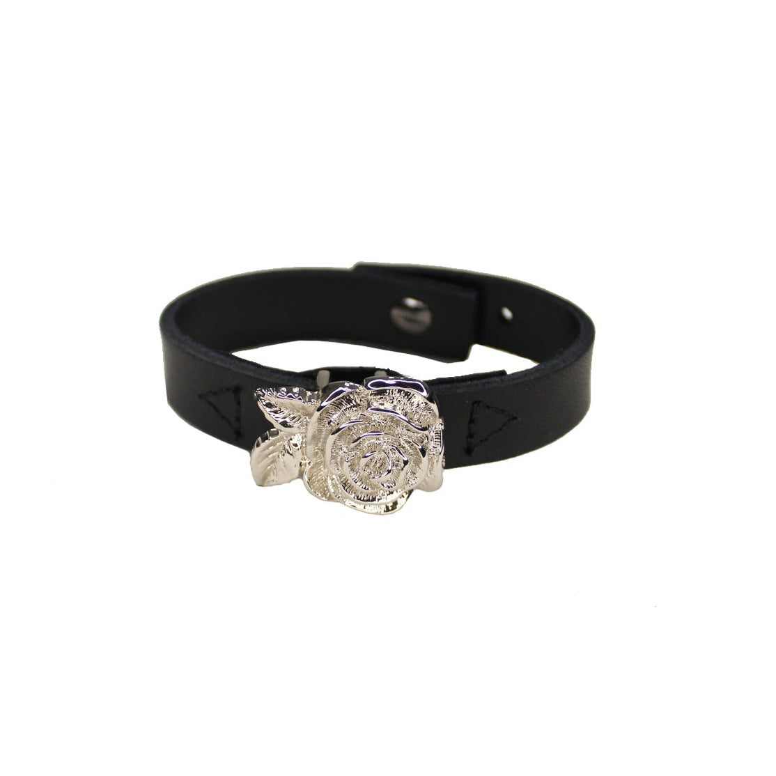 Rose Bracelet Black Leather Cuff With Silver Rose Streets Ahead