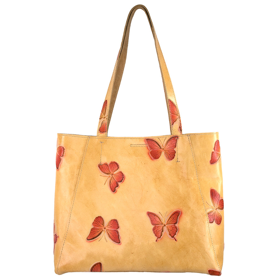 Amina Tote - Natural Leather Embossed Butterfly Handbag - Streets Ahead