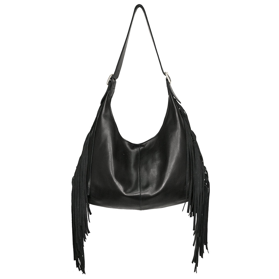 Raven Handbag - Black Leather Fringe Boho Purse - Streets Ahead