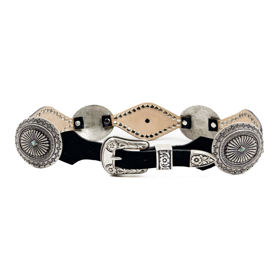 Lyra Belt - Western Style Black Leather Silver Concho Belt - Streets Ahead
