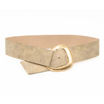 Ivory suede leather belt with subtle shimmer, featuring a 24K gold-plated buckle, made in Los Angeles, California, 2.25" wide