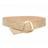 Ivory suede leather belt with subtle shimmer, featuring a 24K gold-plated buckle, made in Los Angeles, California, 2.25" wide