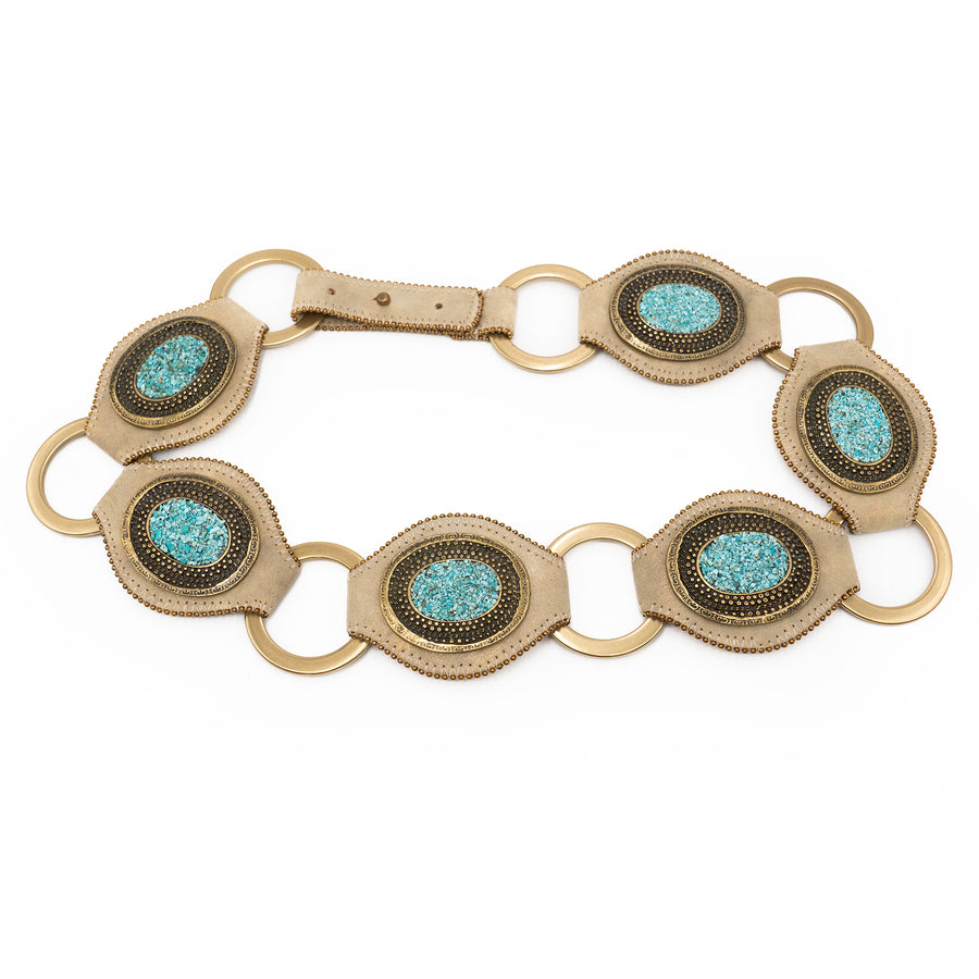 Skye Ring Belt - authentic turquoise stones, brass-plated Italian hardware, and gold shimmer Italian leather - Streets Ahead