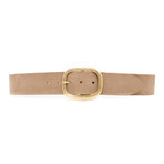 Taupe nubuck leather waist belt with 24K gold-plated oval buckle, chic and sophisticated - Streets Ahead