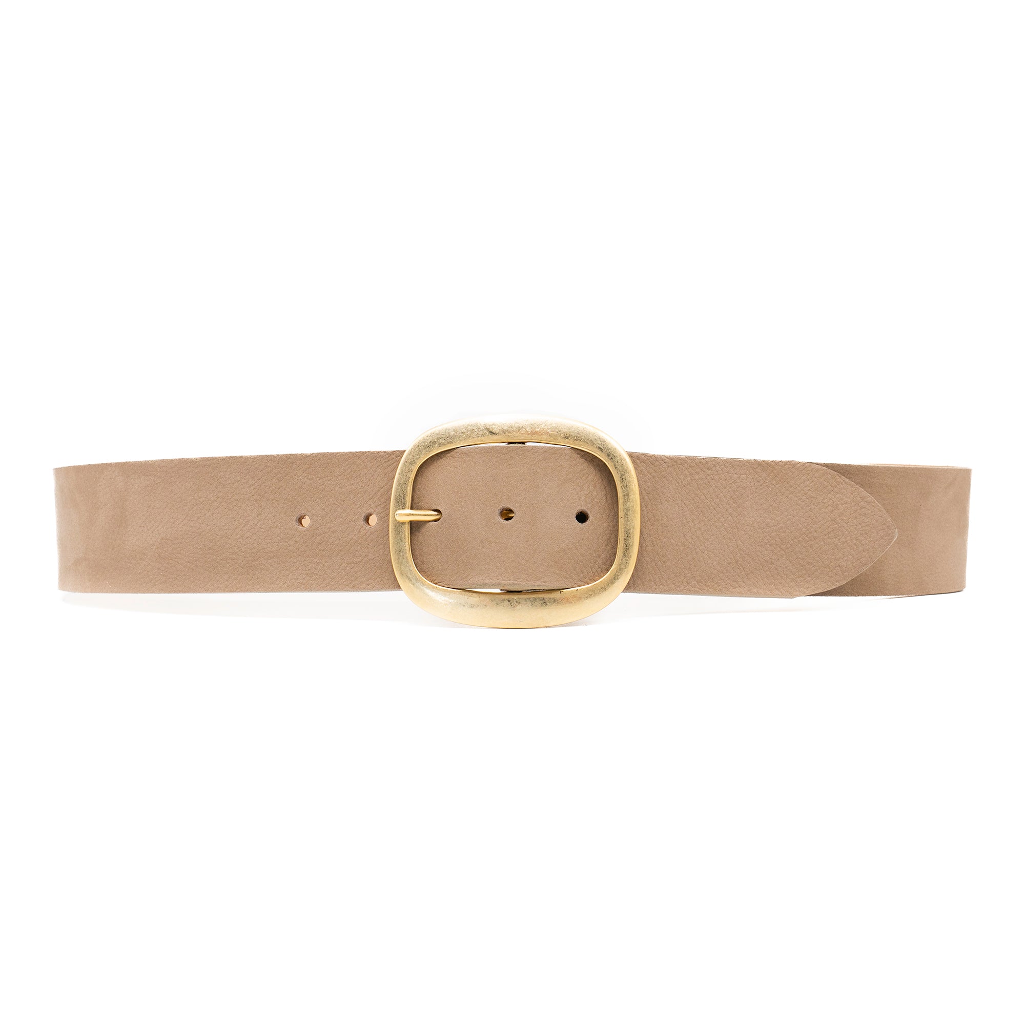 Taupe nubuck leather waist belt with 24K gold-plated oval buckle, chic and sophisticated - Streets Ahead