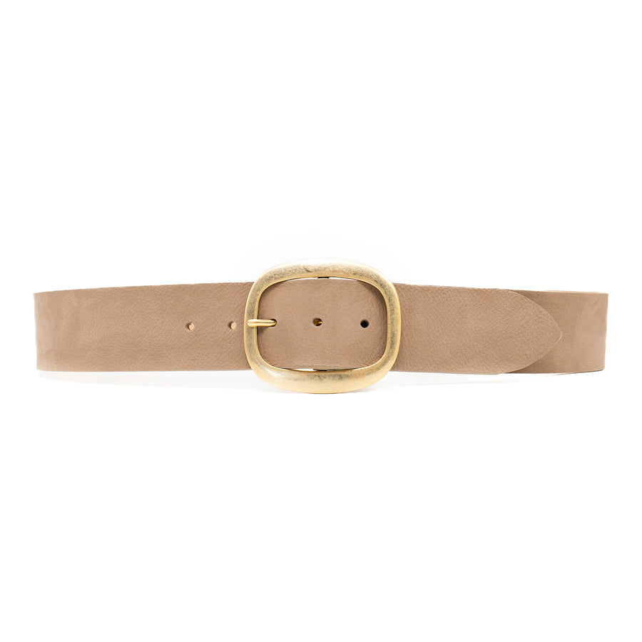 Taupe nubuck leather waist belt with 24K gold-plated oval buckle, chic and sophisticated - Streets Ahead