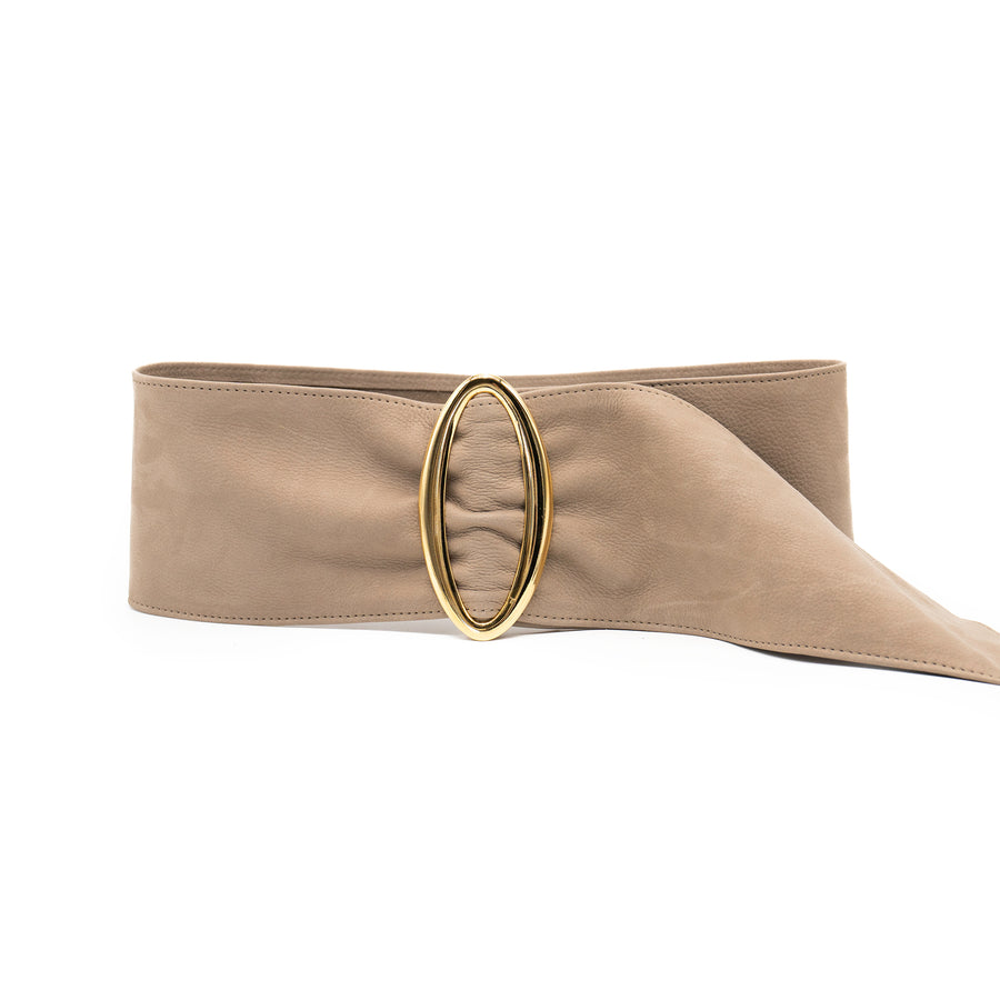 Taupe nubuck leather waist belt with 24K gold-plated oval buckle, chic and sophisticated - Streets Ahead