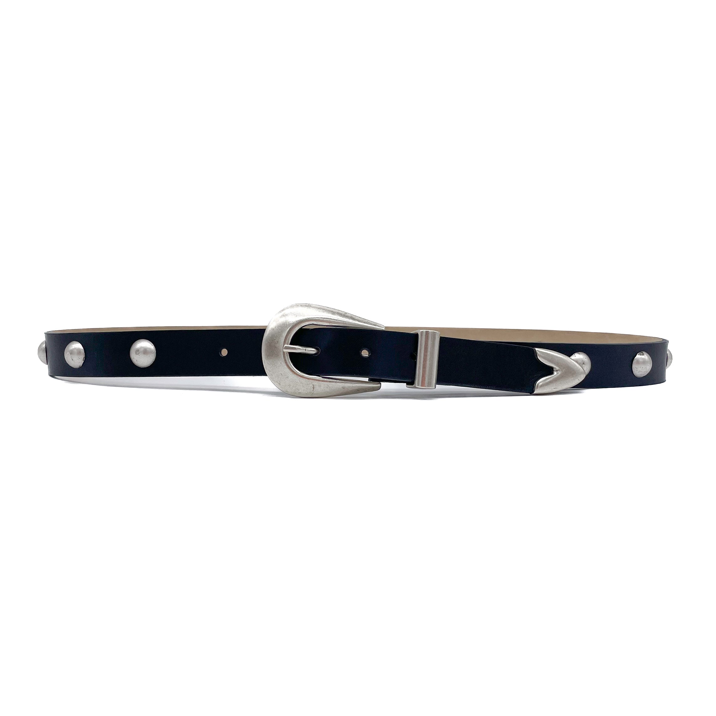 Larkin Belt in smooth black Italian leather with silver grommet detail, Streets Ahead
