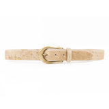 White and gold shimmer hair-on leather belt with brushed brass buckle, Western-inspired design - Streets Ahead