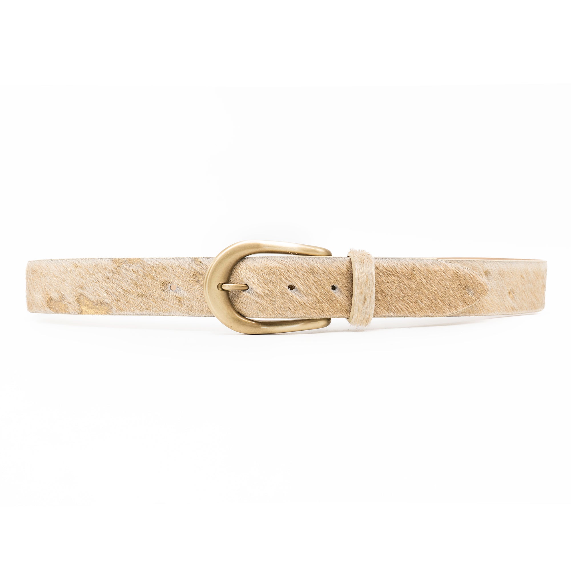 White and gold shimmer hair-on leather belt with brushed brass buckle, Western-inspired design - Streets Ahead