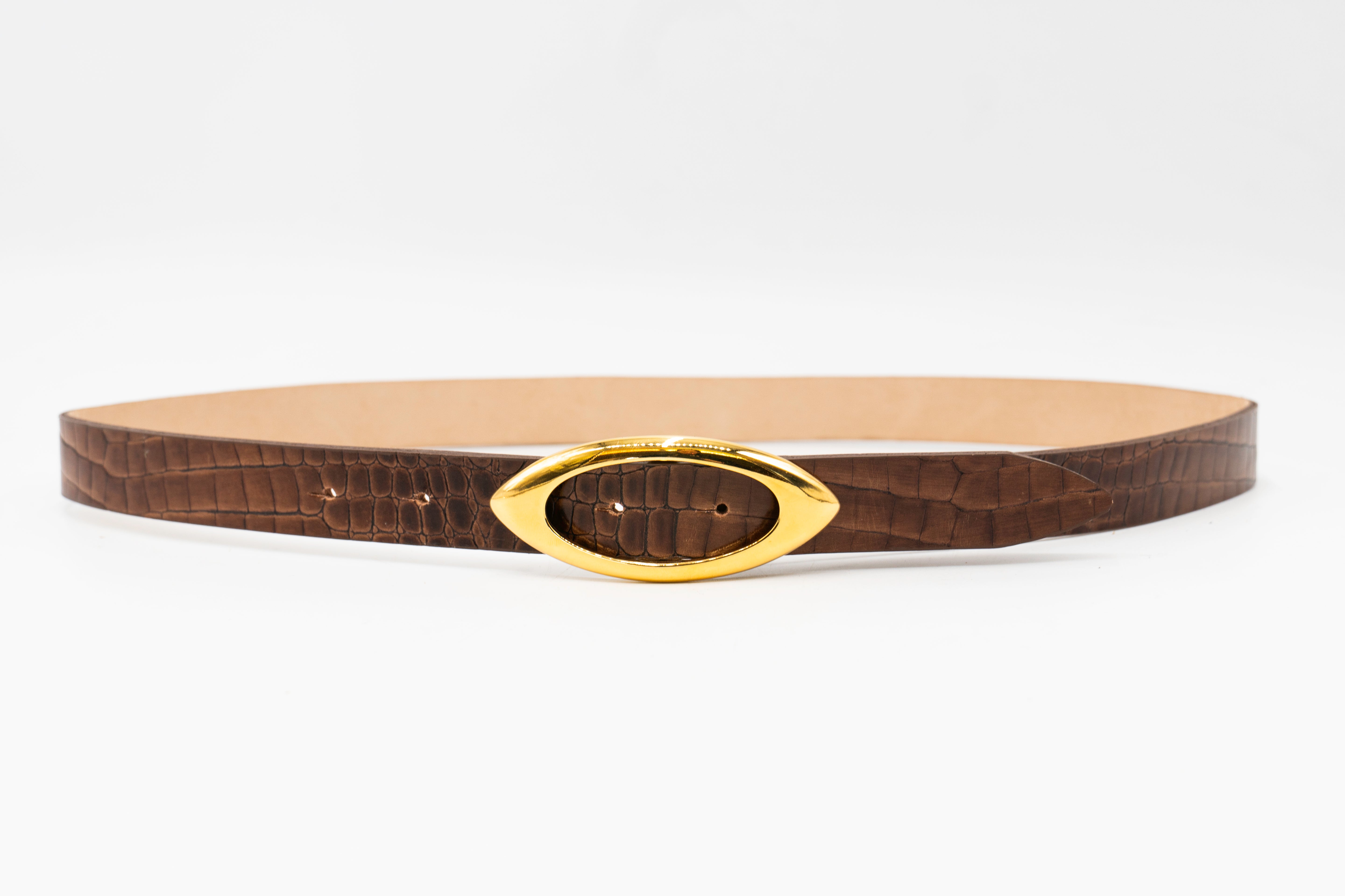 Elara Belt - 24k gold-plated Italian buckle and smooth croc-embossed rust-colored Italian leather strap - Streets Ahead