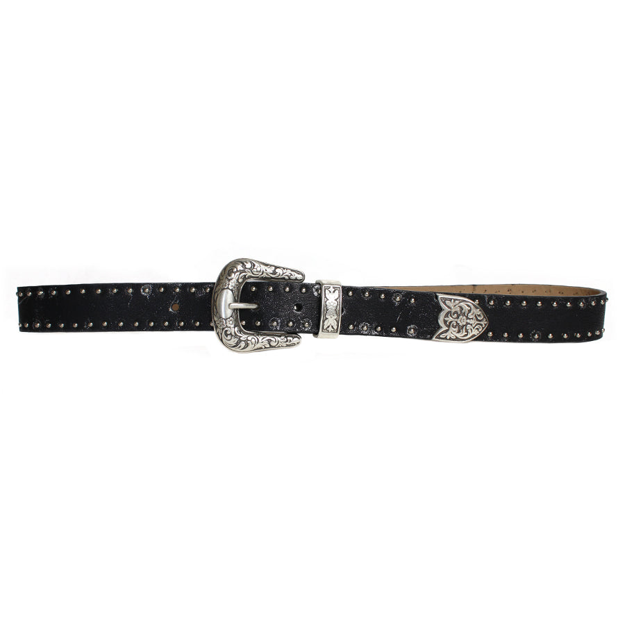 Robin Studded Belt in black silver shimmer Italian leather with silver stud detail and western buckle, Streets Ahead