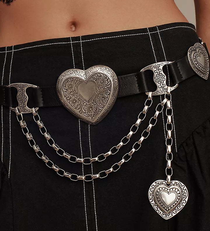 Streets Ahead Mia Heart Belt — silver engraved heart buckle on black Italian leather, handcrafted in Los Angeles