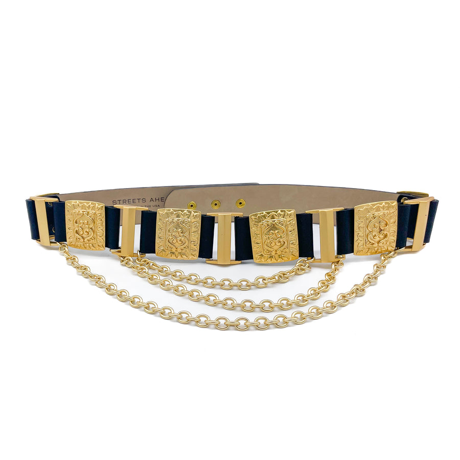 Aquarius Belt - Matte Gold Statement Belt On Black Italian Leather - Streets Ahead