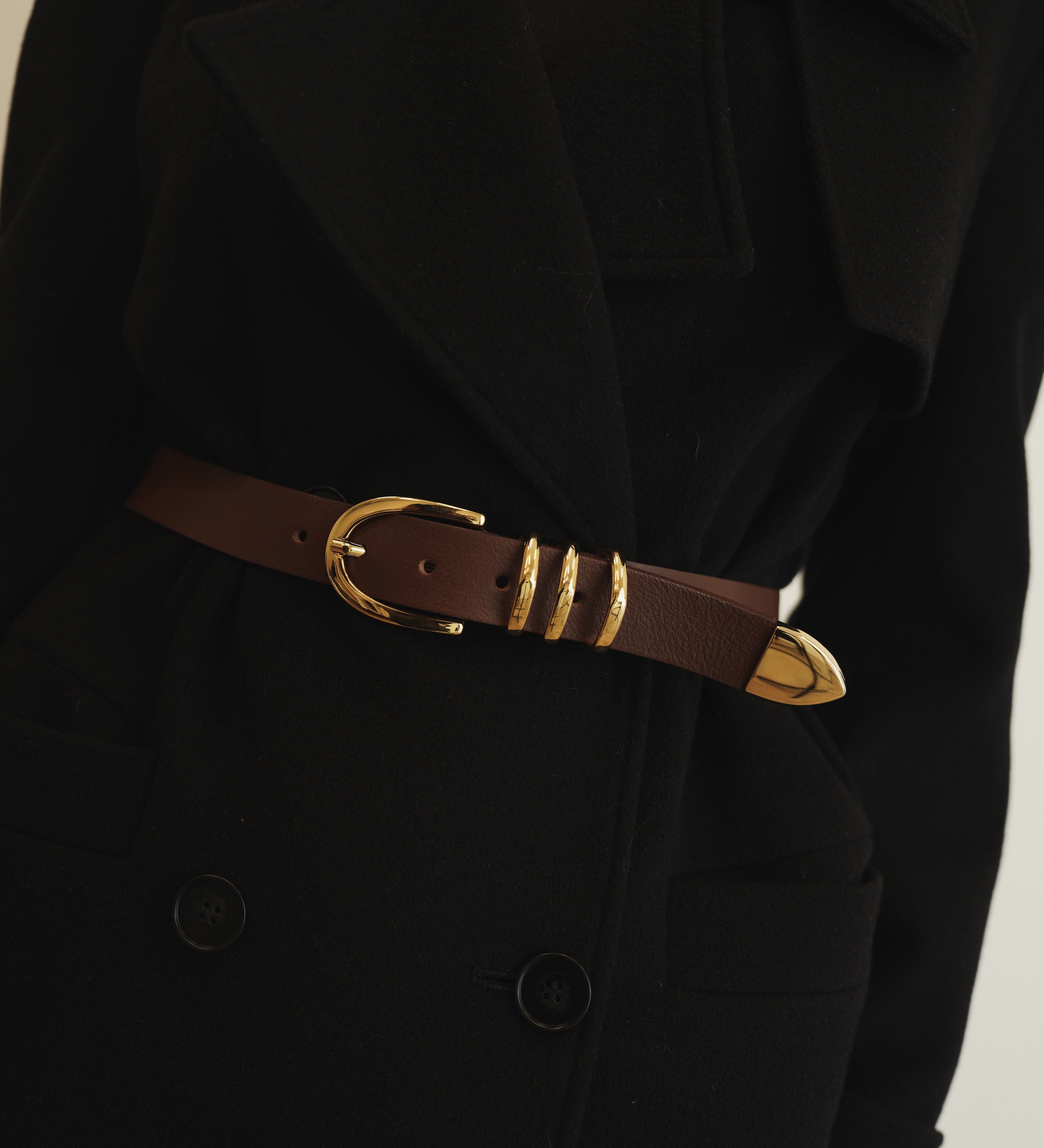 Streets Ahead Darci Belt — cognac leather with gold loop and tip, handcrafted in Los Angeles