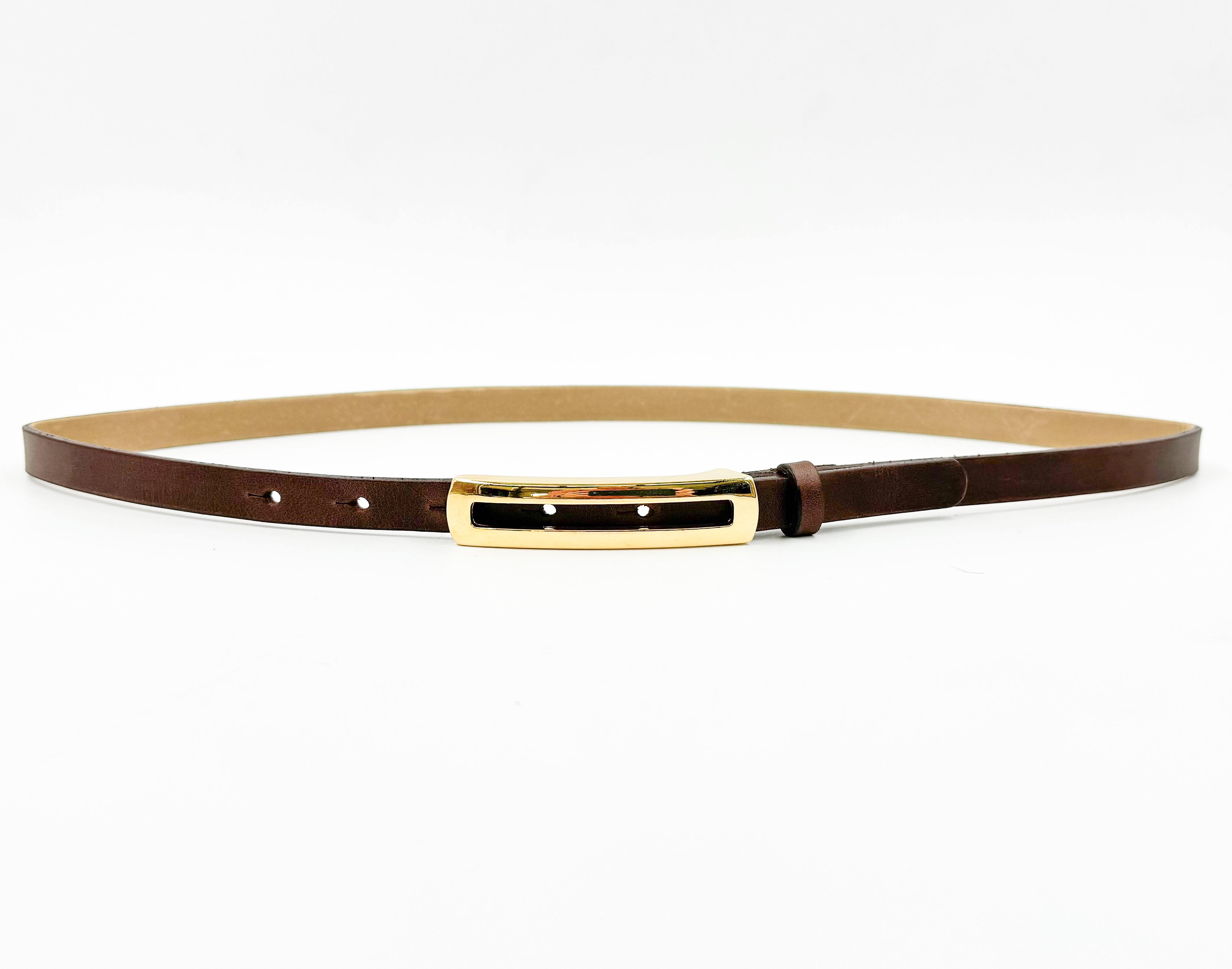 Bella Belt - Narrow Brown Leather Belt Gold Buckle - Streets Ahead