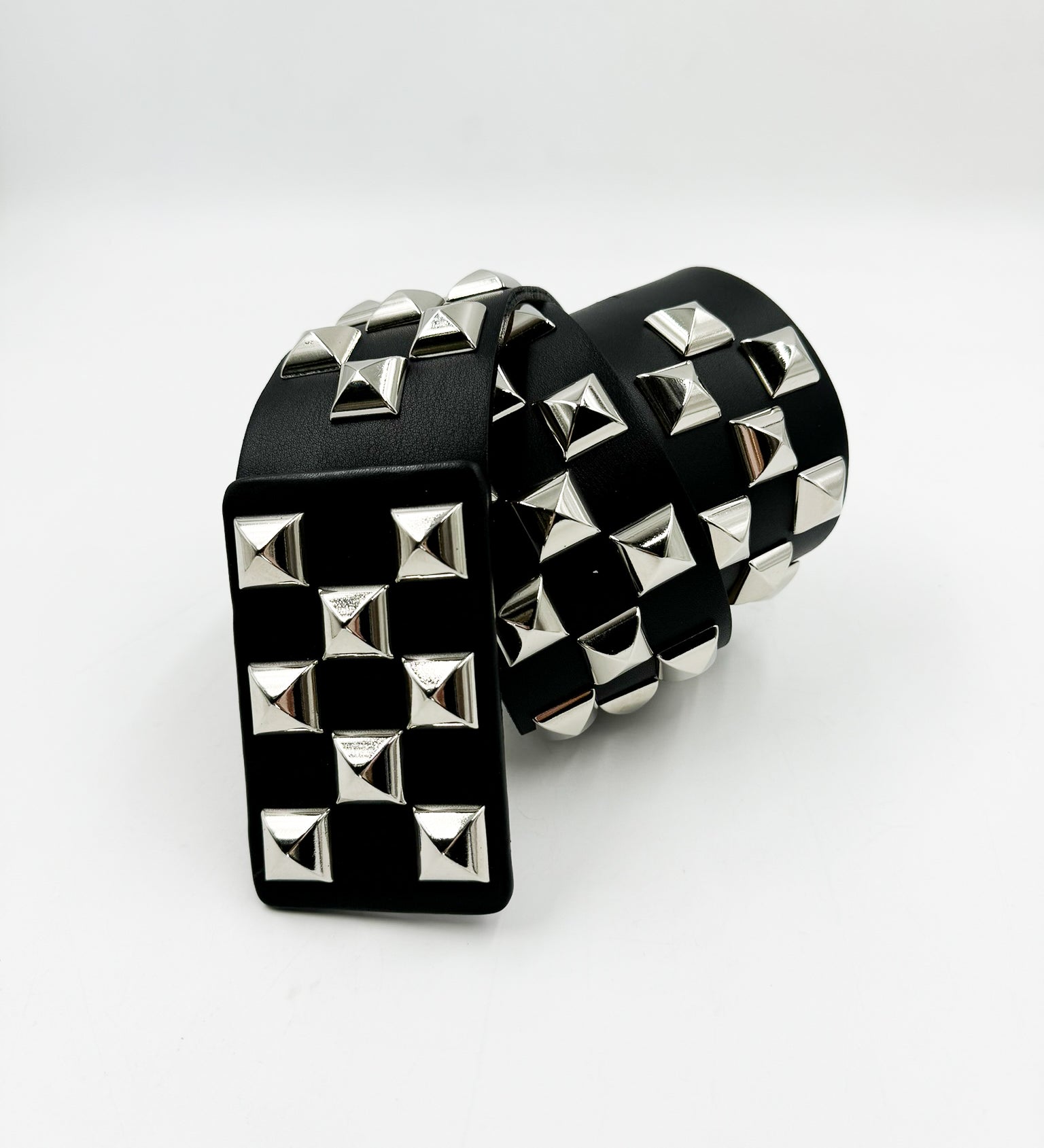 Streets Ahead Roger Belt — wide waist black leather belt with silver pyramid studs, handcrafted in Los Angeles