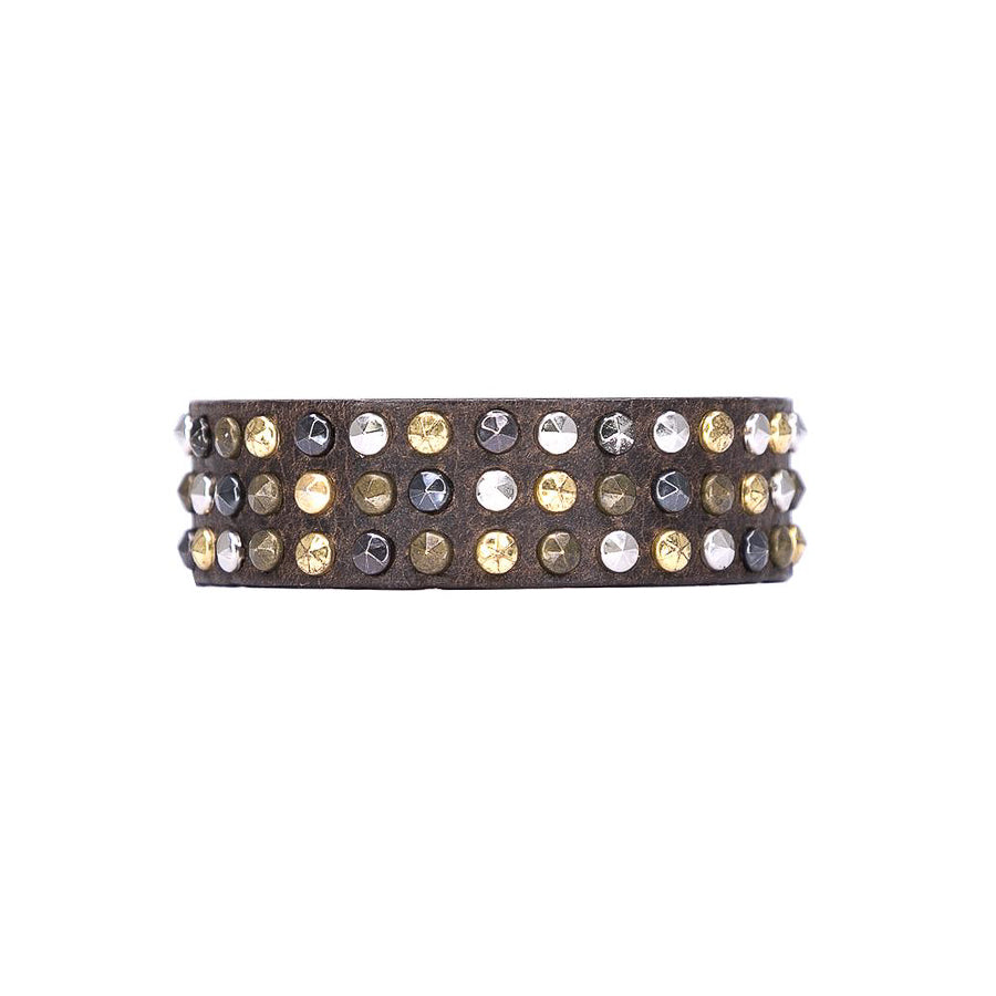 Gwen Cuff in dark brown Italian leather with mixed metal studs, Streets Ahead