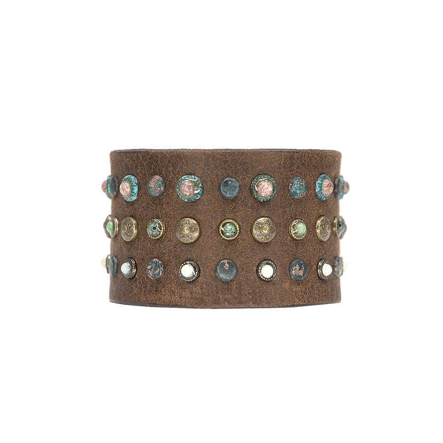 Penny Cuff in chocolate Italian leather with pink matrix stones and green moonstones, Streets Ahead