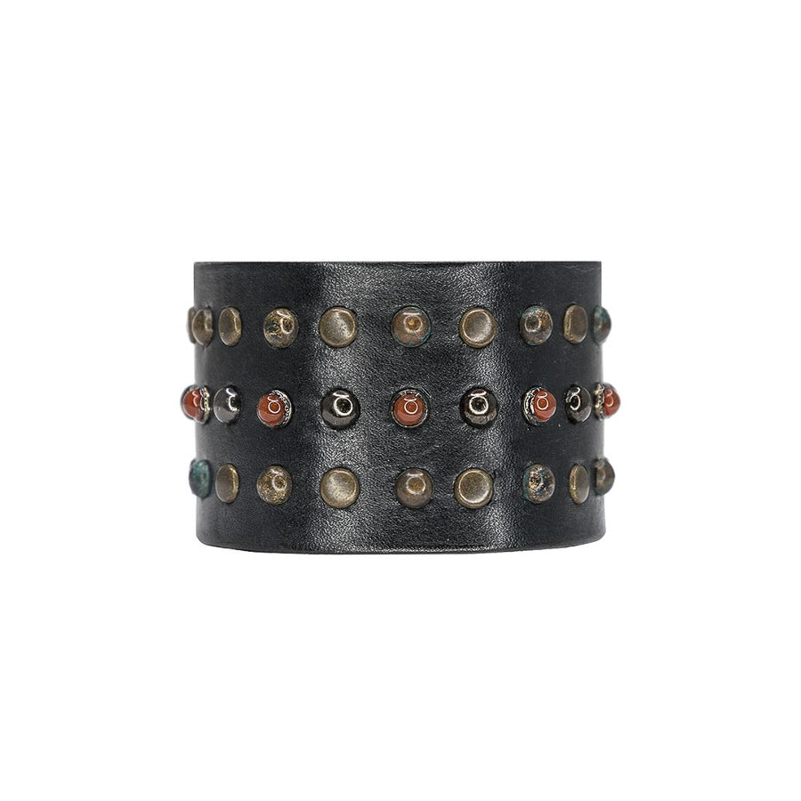 Phoenix Cuff in black Italian leather with brass studs and red moonstone accents, Streets Ahead