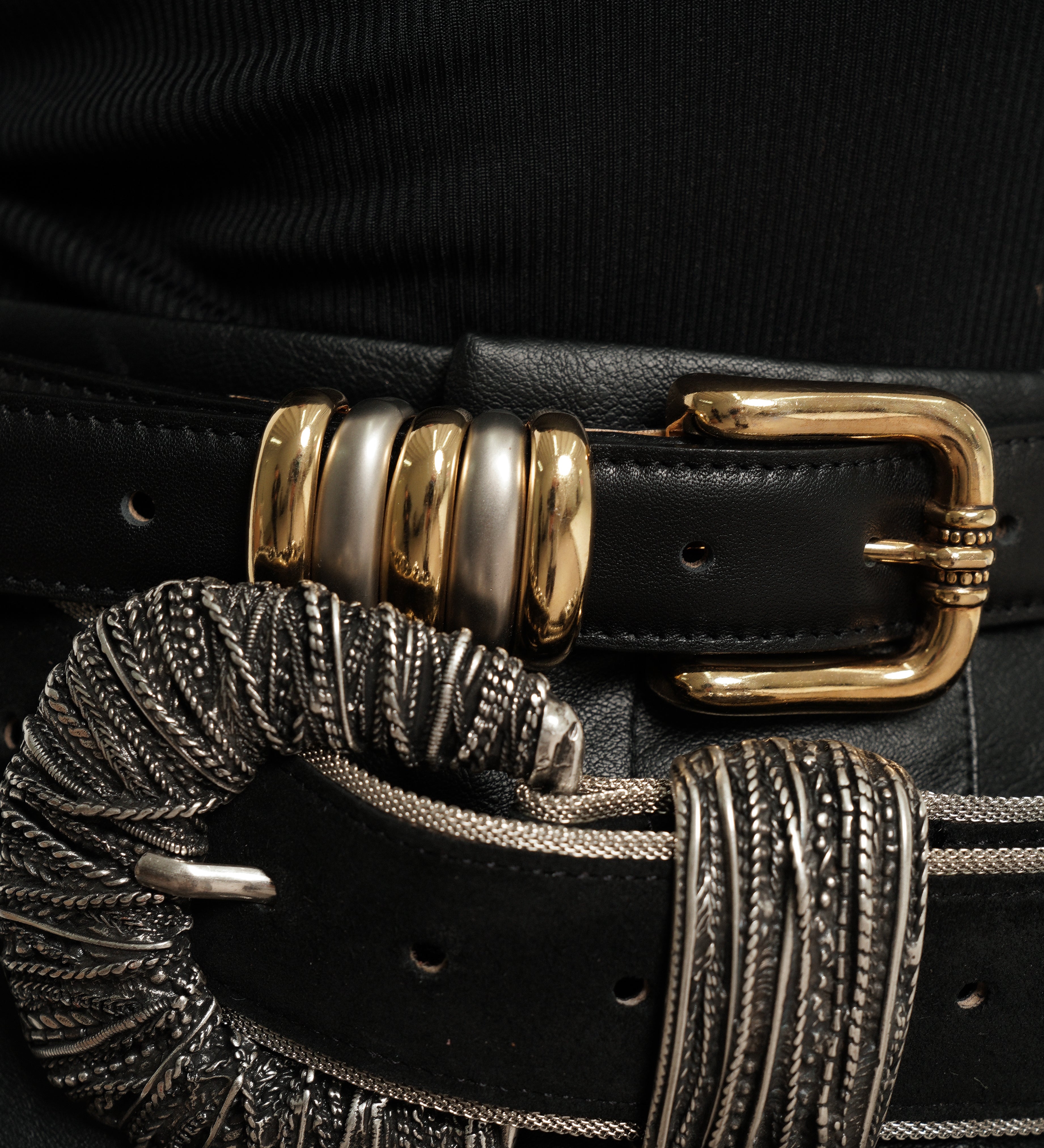 Streets Ahead Elara Belt — gold buckle with mixed metal keepers on black leather