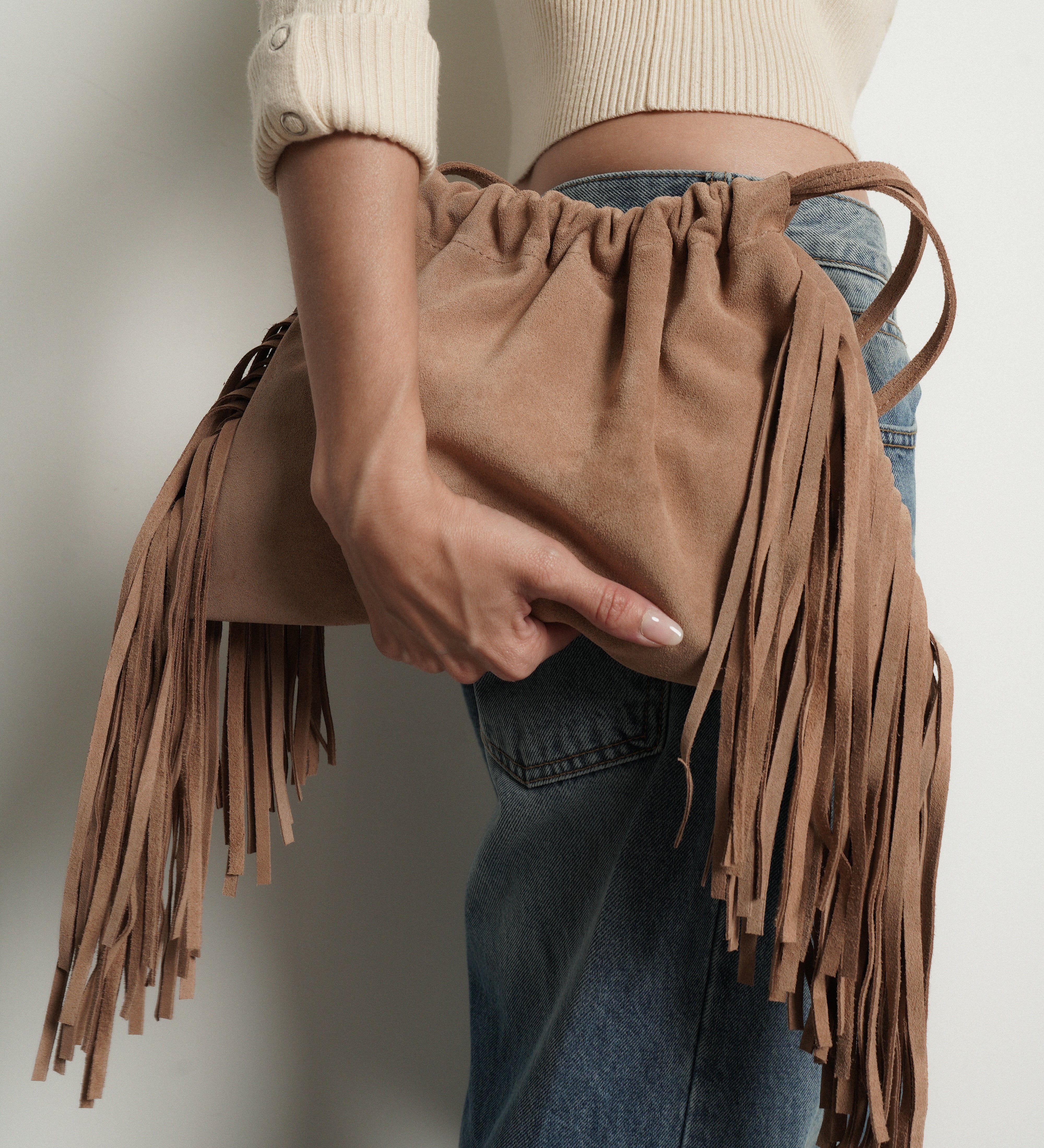 Streets Ahead Diana Fringe Bag — cappuccino suede with cascading fringe
