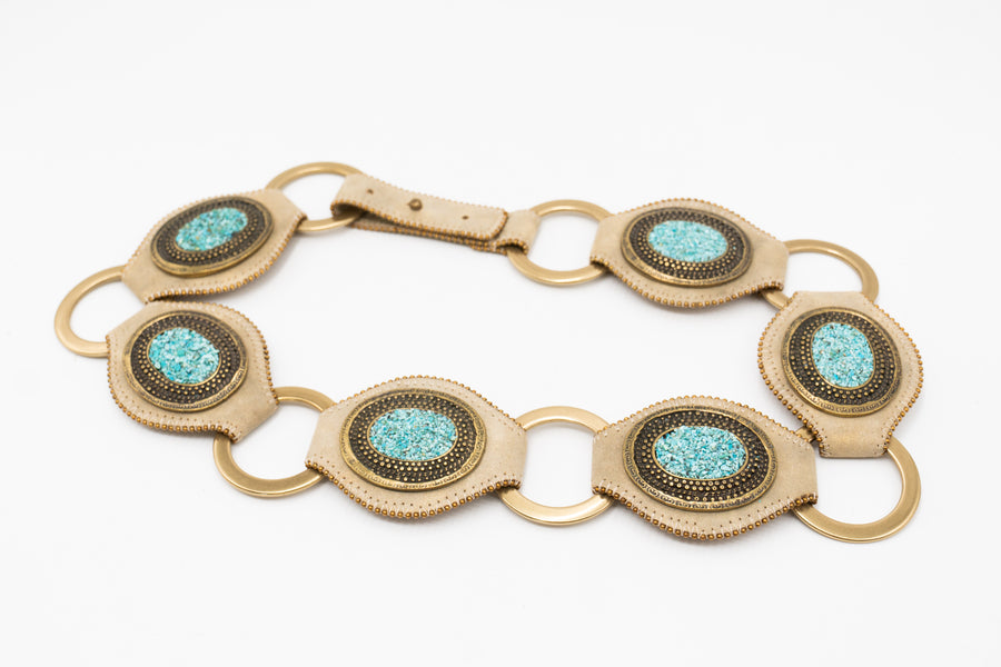 Skye Ring Belt - authentic turquoise stones, brass-plated Italian hardware, and gold shimmer Italian leather - Streets Ahead