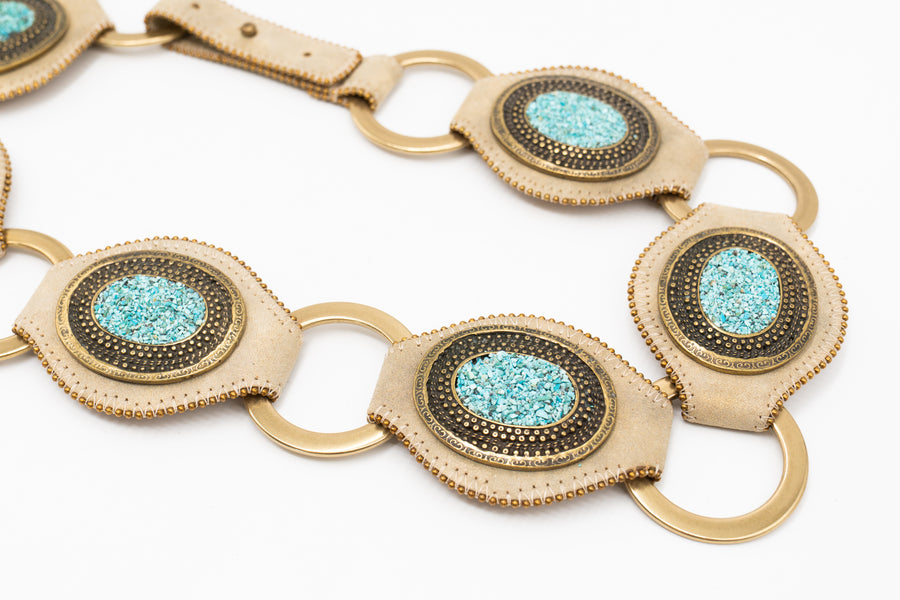 Skye Ring Belt - authentic turquoise stones, brass-plated Italian hardware, and gold shimmer Italian leather - Streets Ahead