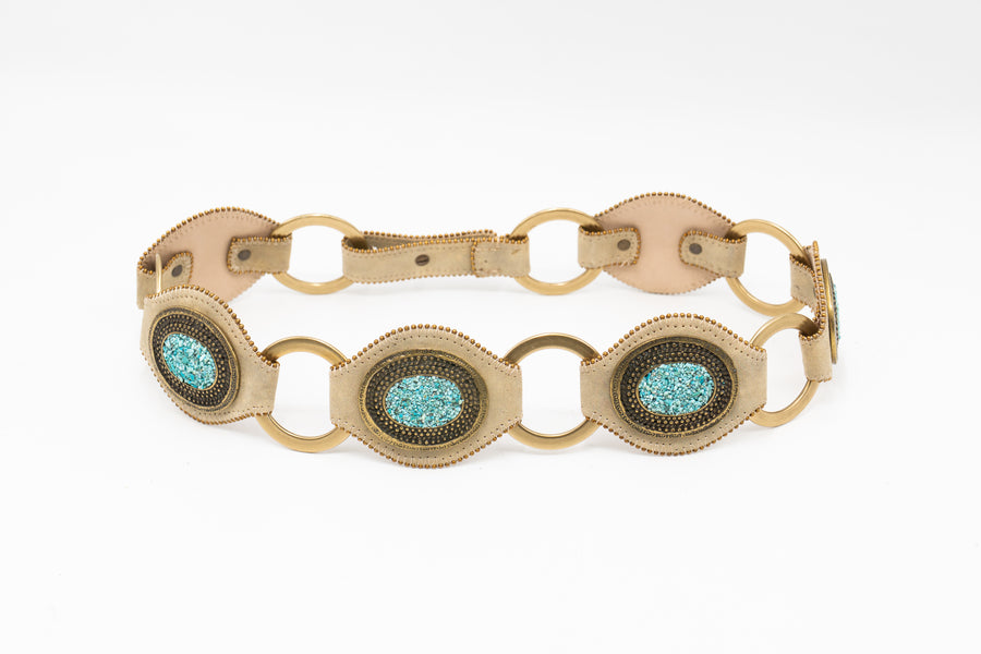 Skye Ring Belt - authentic turquoise stones, brass-plated Italian hardware, and gold shimmer Italian leather - Streets Ahead