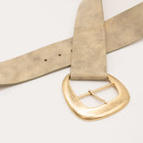 Ivory suede leather belt with subtle shimmer, featuring a 24K gold-plated buckle, made in Los Angeles, California, 2.25" wide
