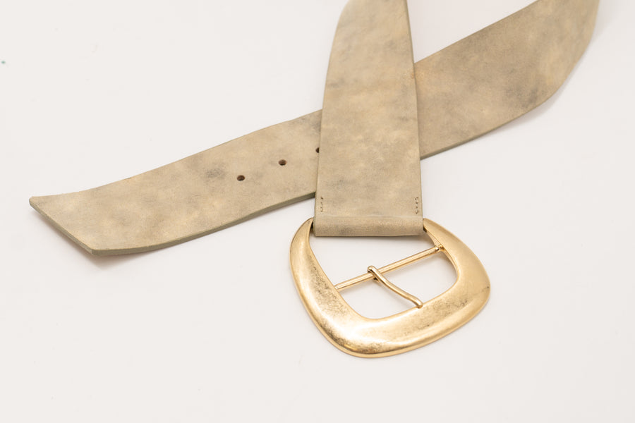 Ivory suede leather belt with subtle shimmer, featuring a 24K gold-plated buckle, made in Los Angeles, California, 2.25" wide