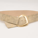 Ivory suede leather belt with subtle shimmer, featuring a 24K gold-plated buckle, made in Los Angeles, California, 2.25" wide