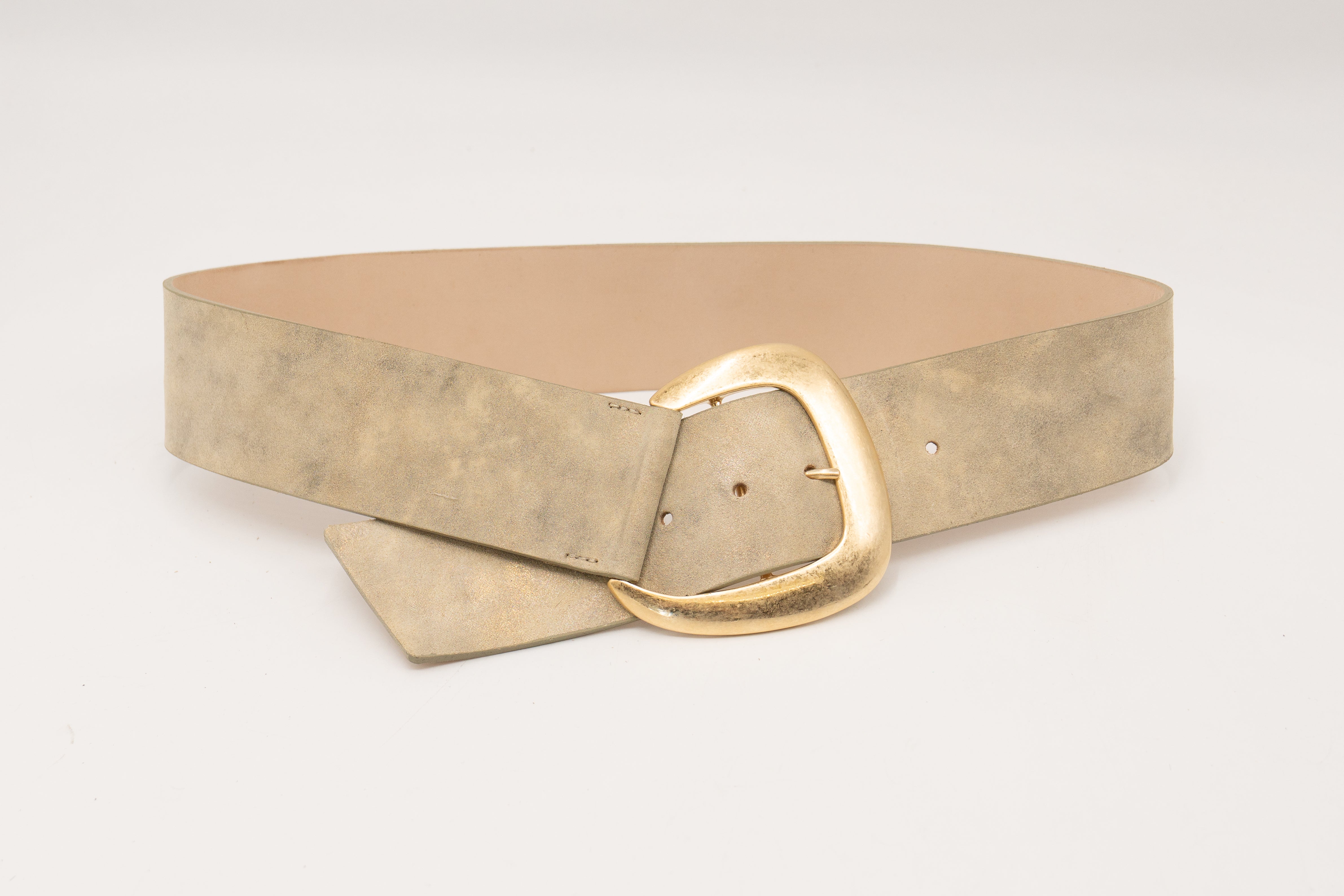 Ivory suede leather belt with subtle shimmer, featuring a 24K gold-plated buckle, made in Los Angeles, California, 2.25" wide