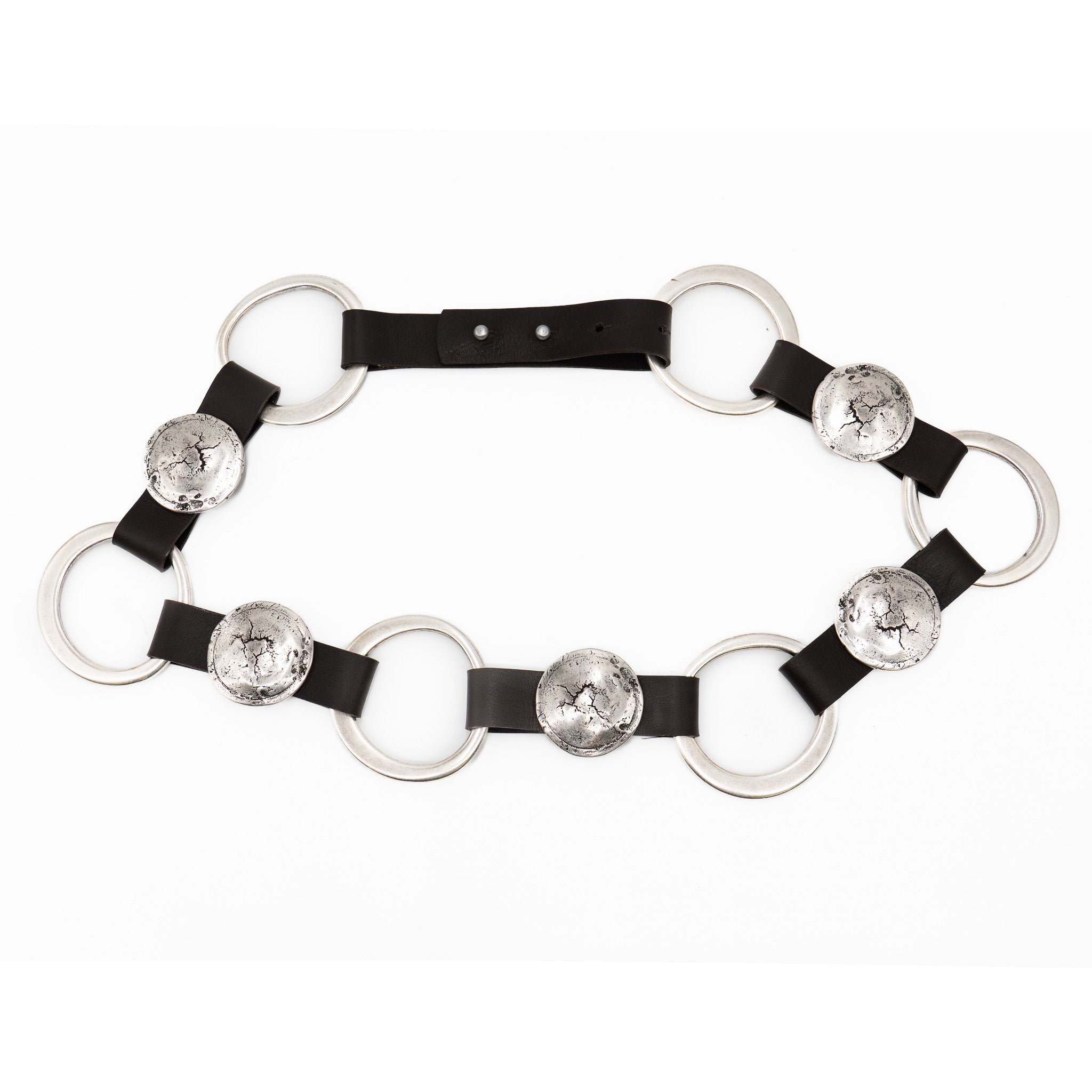Astra Ring Belt in black Italian leather with silver-plated rings and disc accents, Streets Ahead