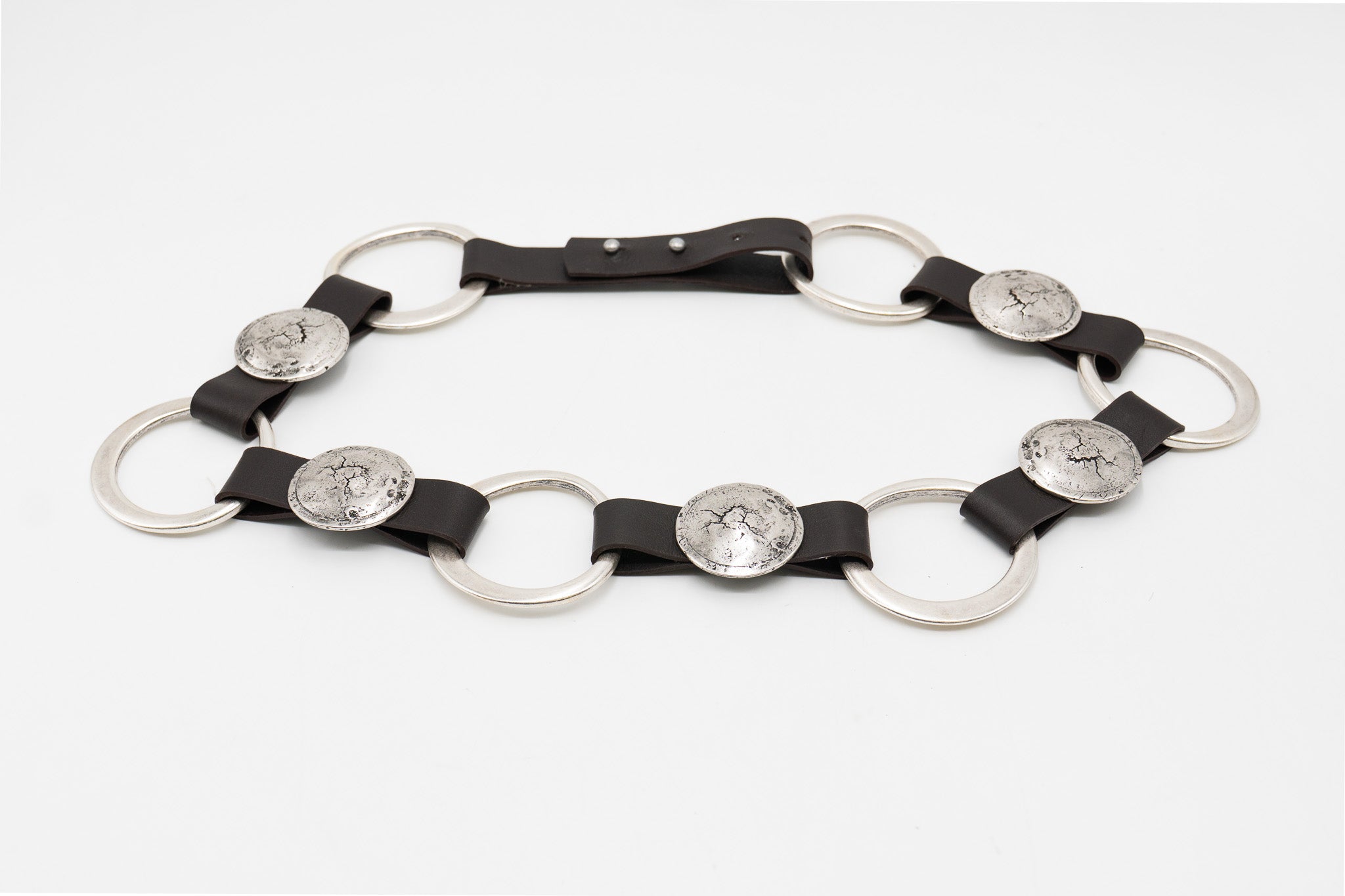 Dark brown leather belt with silver rings and disc accents - Streets Ahead