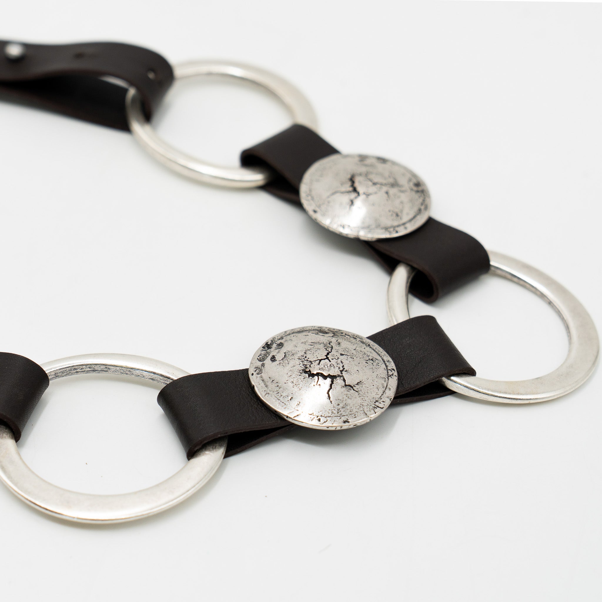 Dark brown leather belt with silver rings and disc accents - Streets Ahead
